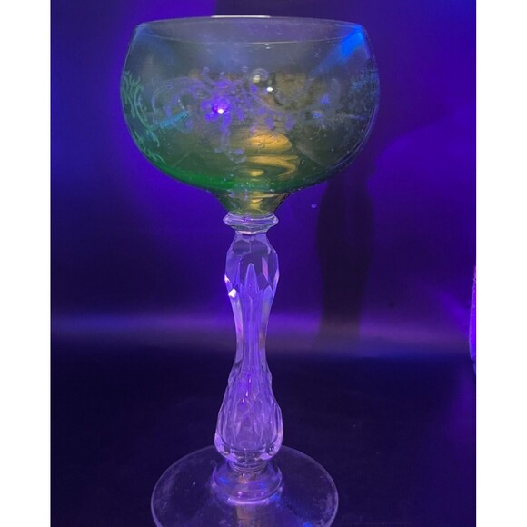 Antique Villeroy & Boch Hock Wine Glass Floral Scrollwork Green Clear Cut Stem - Picture 8 of 15